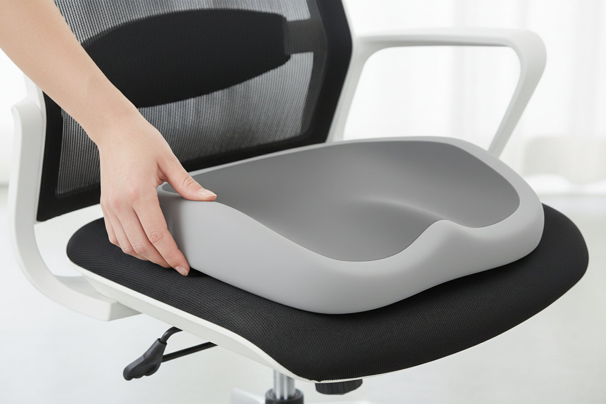 Main posant le coussin sur chaise de bureau