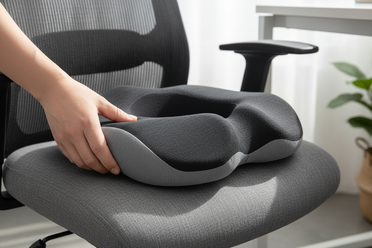 Main posant le coussin U sur une chaise
